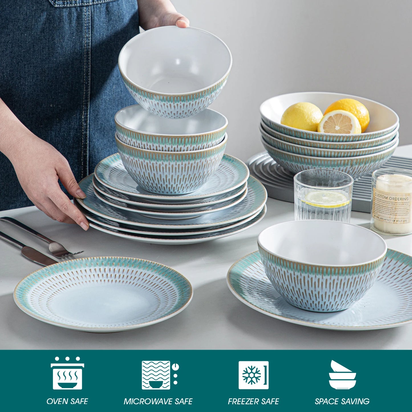 16/32/48 Piece Green Embossed Stoneware Tableware Set with Dinner/Dessert Plate/Soup Bowl/Mug Service for 4/8/12