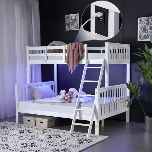 Bunk Bed  with LED Light/USB Port/15’’ Extra Tall Safety Guardrails, Convertible into a Twin Loft Bed Solid Wood