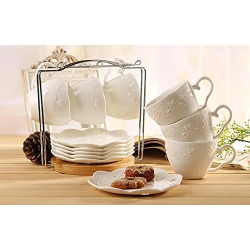 White Porcelain 5OZ- Tea Cup and Saucer with Spoon, Set of 6 (6 Tea Cup Set With Bracket)