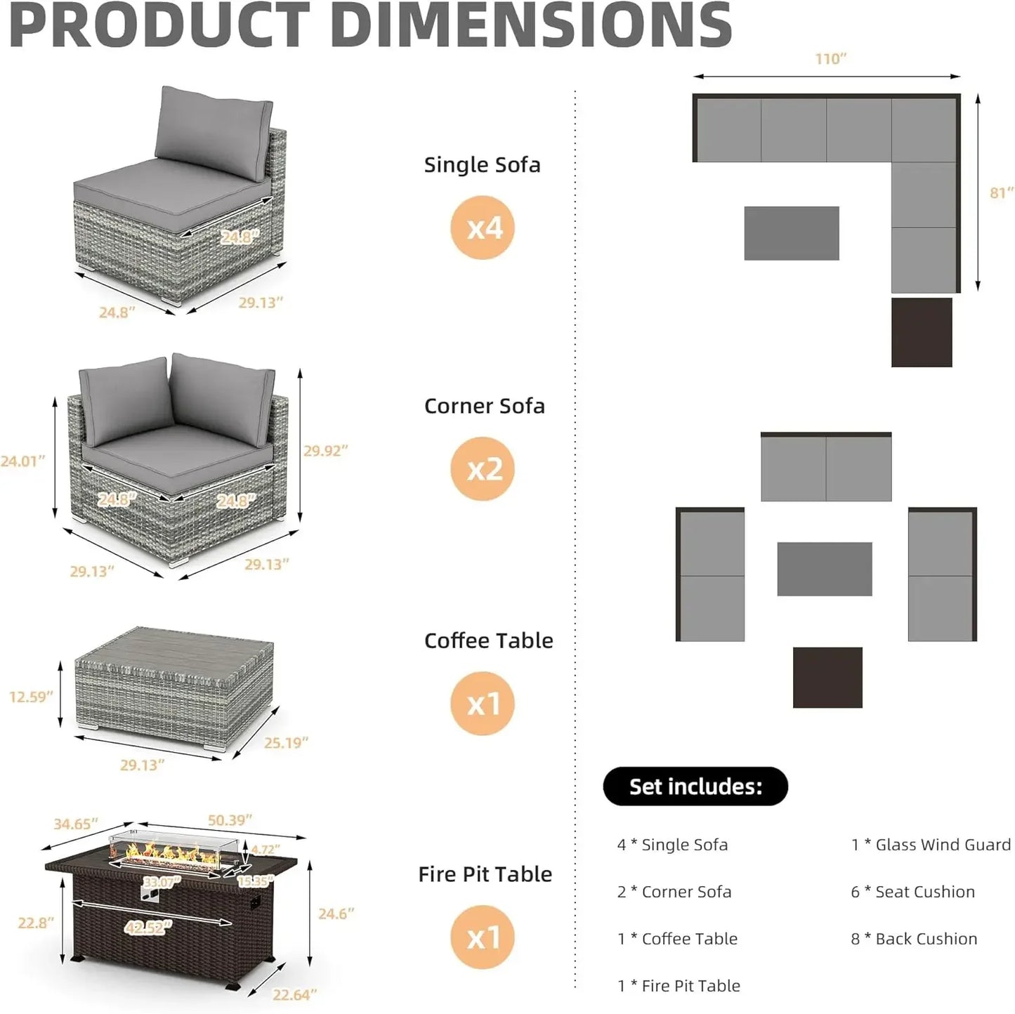 7 Pieces Outdoor Patio Furniture Set with 50" Propane Fire Pit Table