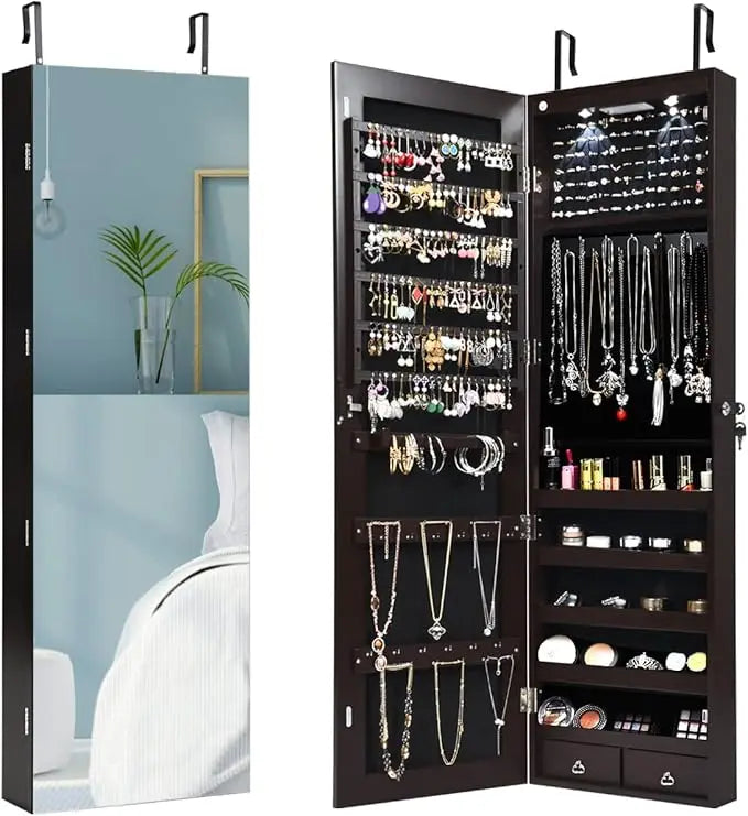 Lockable Large Jewelry Organizer Cabinet with Full-Length Mirror, 2 LEDs