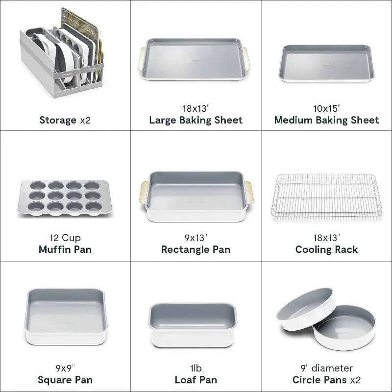 Nonstick Ceramic Bakeware Set (11 Pieces) - Baking Sheets, Assorted Baking Pans, Cooling Rack, & Storage