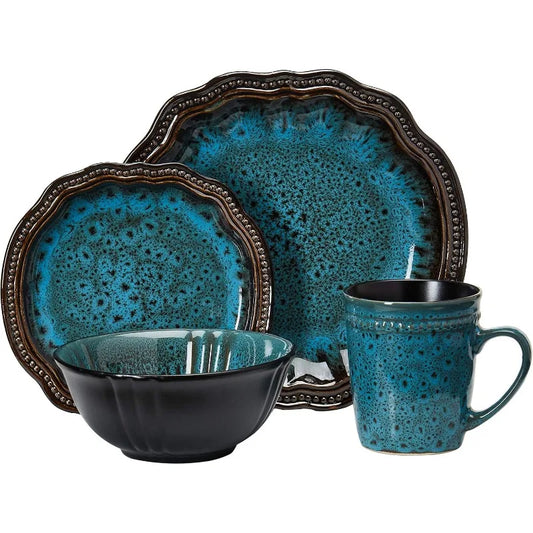 16 Piece Round Oval Stoneware Dish Set, Ocean Blue