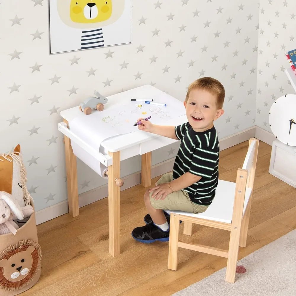 Kid's Wooden Lift-Top Desk & Chair Activity Table Set with Storage, Paper Roll Holder & Pen Slot