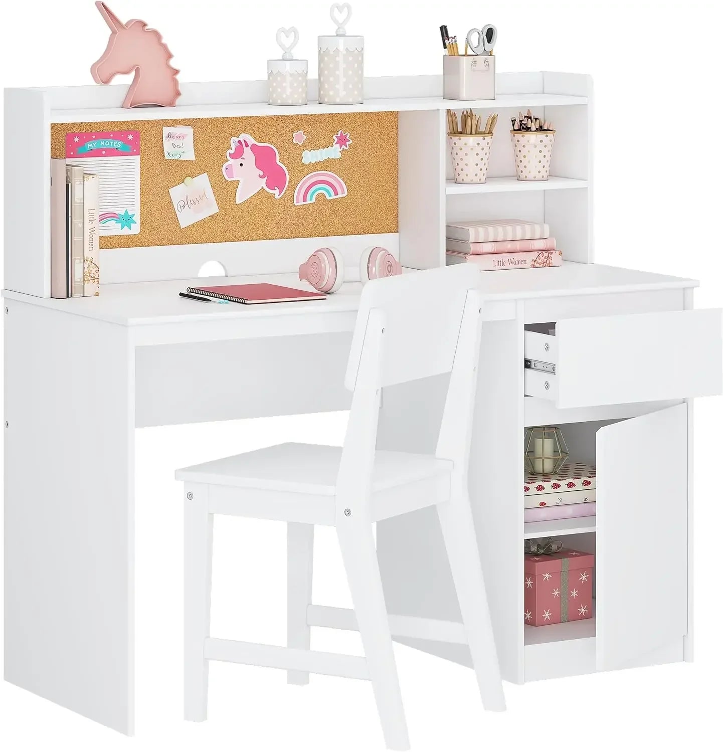 Kids Wooden Study Desk and Chair Set with Hutch and Storage Cabinet