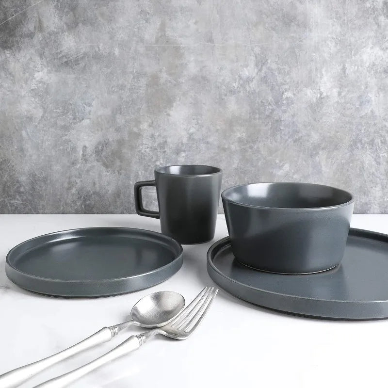 Dinnerware Service for 4 - includes 4 round dinner plates, 4 Salad plates, Four  bowls and four Handled mugs