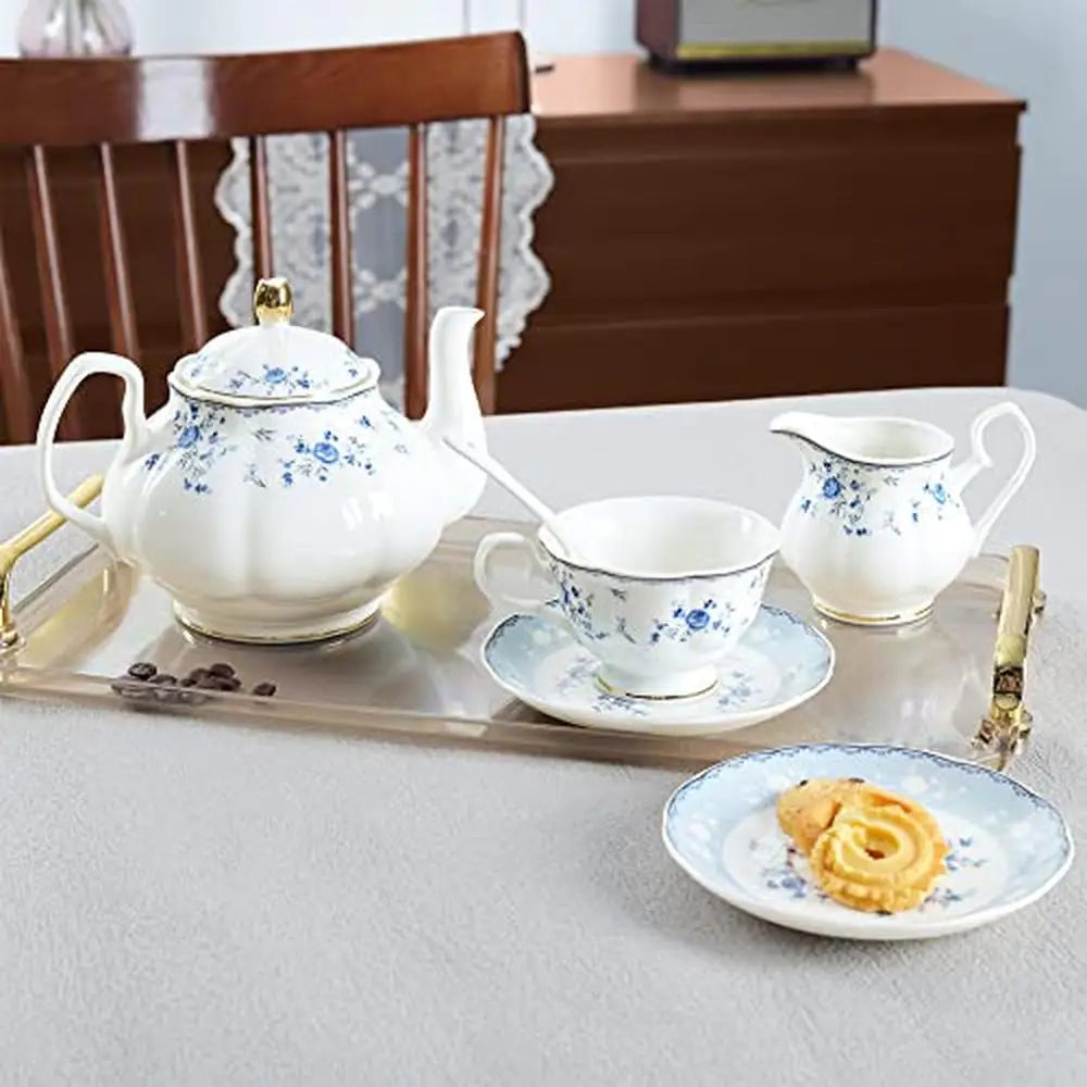 15 Piece British Floral Porcelain Tea Set with Blue Rose Pattern