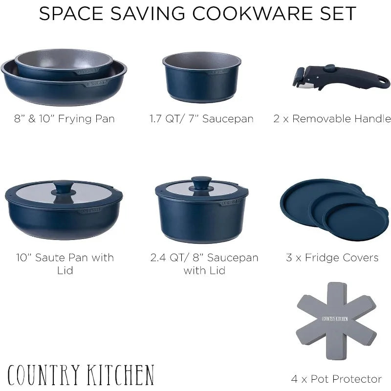 16 Piece Healthy Safe Ceramic Nonstick Kitchen Cookware with Soft Touch Removable Handle