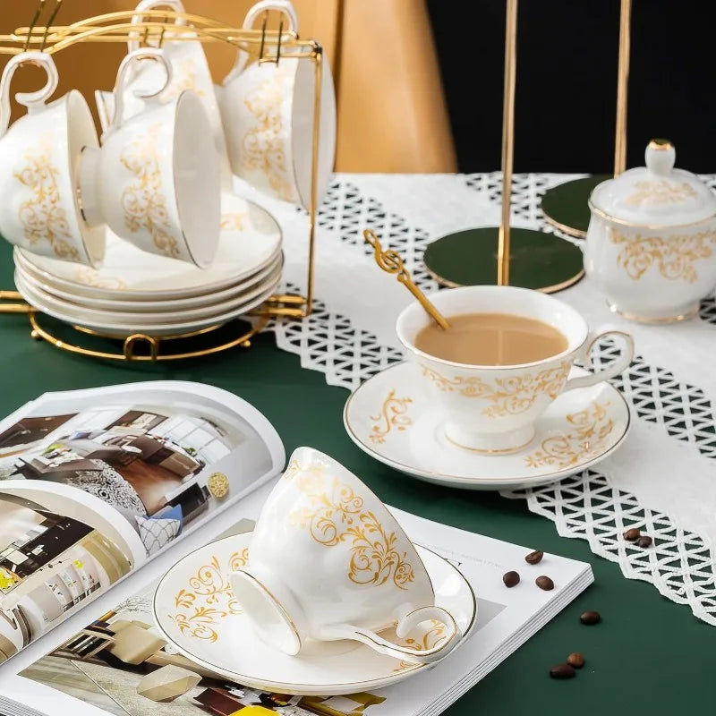 22-Pieces Porcelain Bone China Tea Sets, Gold Rim Coffee Set with Golden Metal Rack