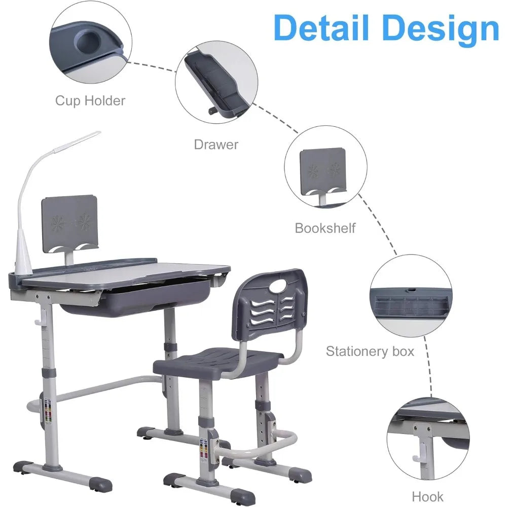 Child's Height Adjustable Table and Chair Set With Tilt Desktop, Storage Drawer, LED Light