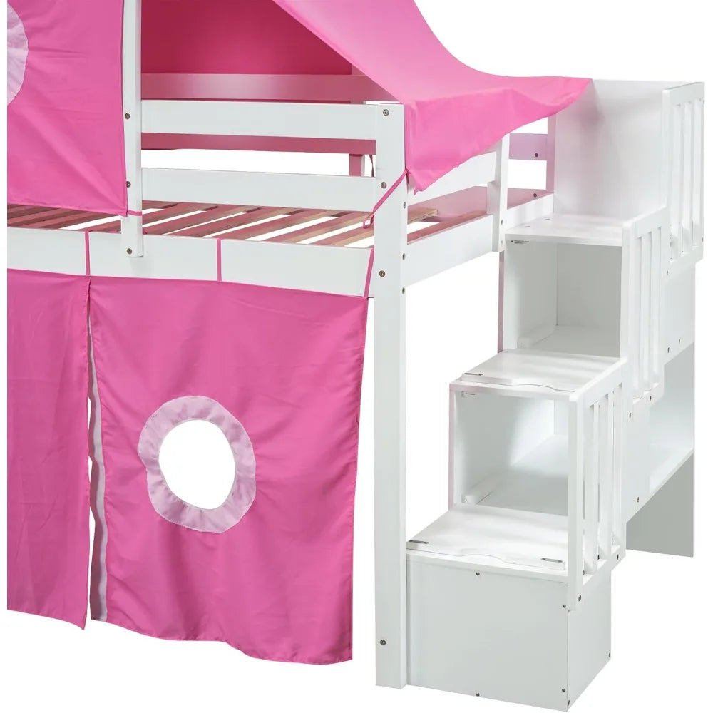 (Twin Size, Pink) Playhouse Loft Bed Frame with Tent and Tower,