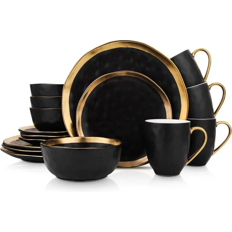 Porcelain 16 Piece Dinnerware Set, Service for 4, Golden Rim