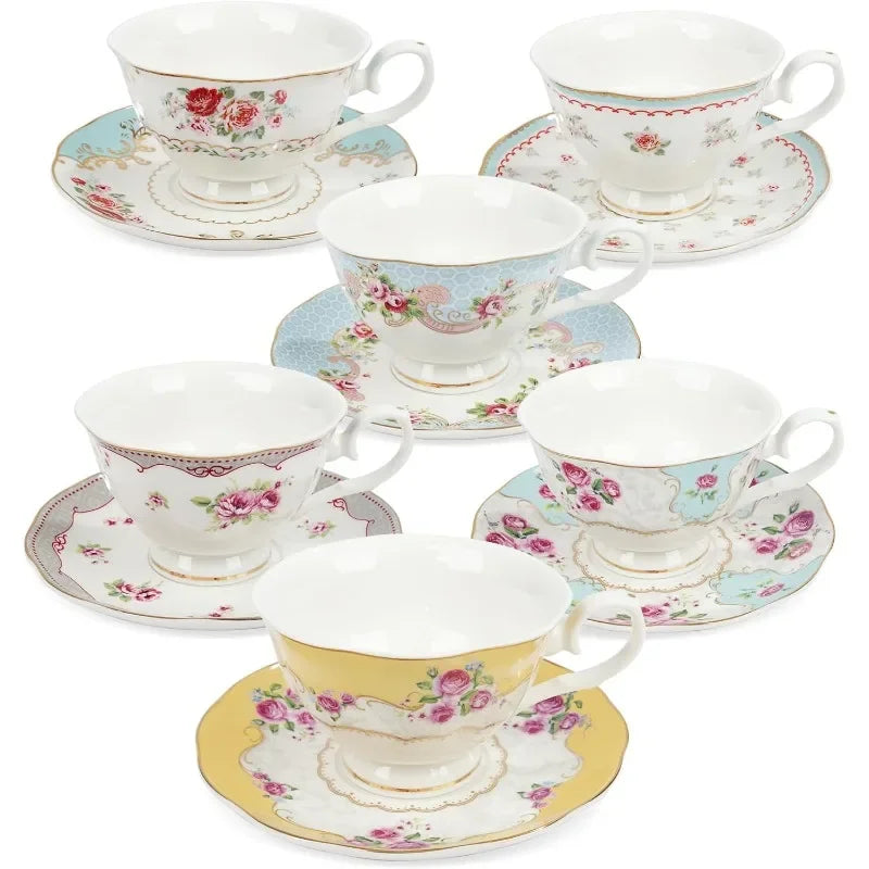 Set of 6, Colorful Floral Porcelain Coffee Cup with Saucer