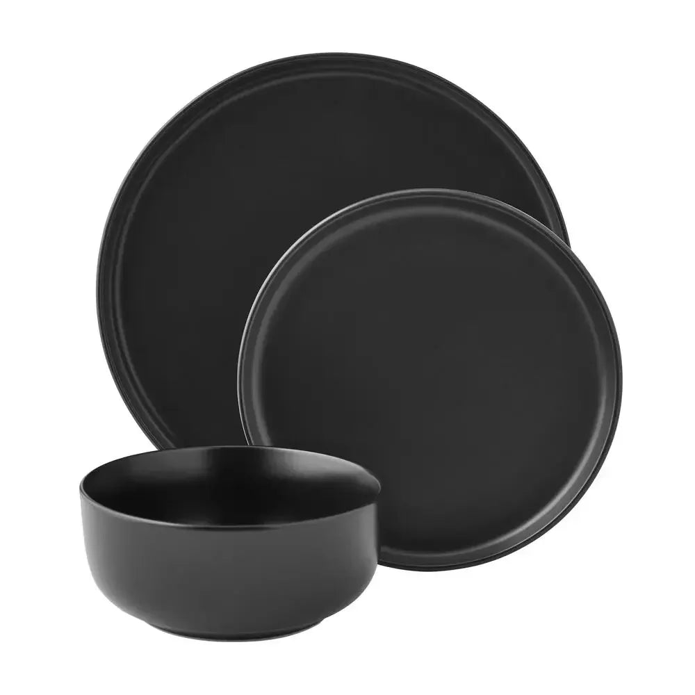 Matte Black Stoneware Dinnerware Set Chic Minimalist Design 12-Piece Set