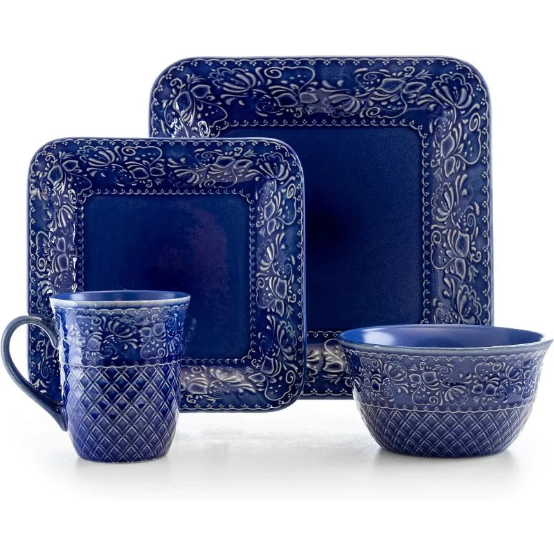 16 Piece Contemporary Square Embossed Stoneware Dinnerware Set