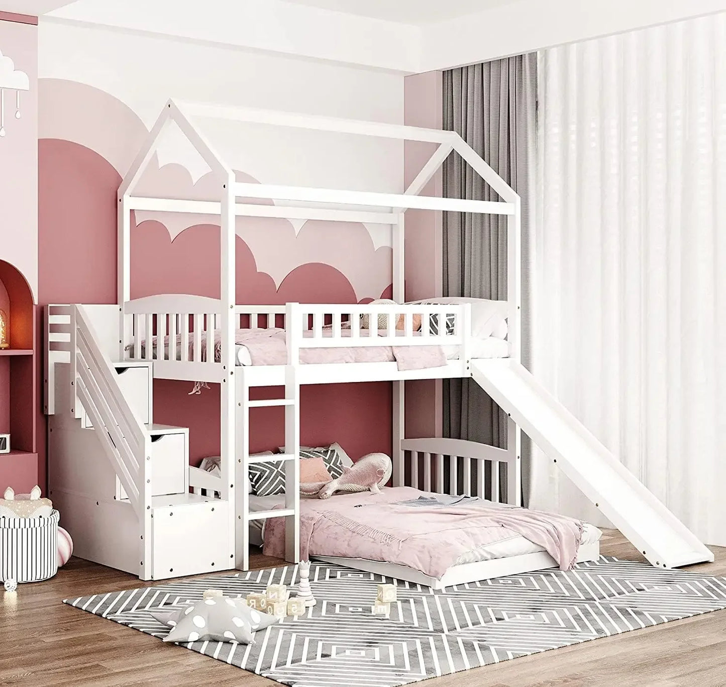 Toddler House Bunk Bed with Slide and Ladder