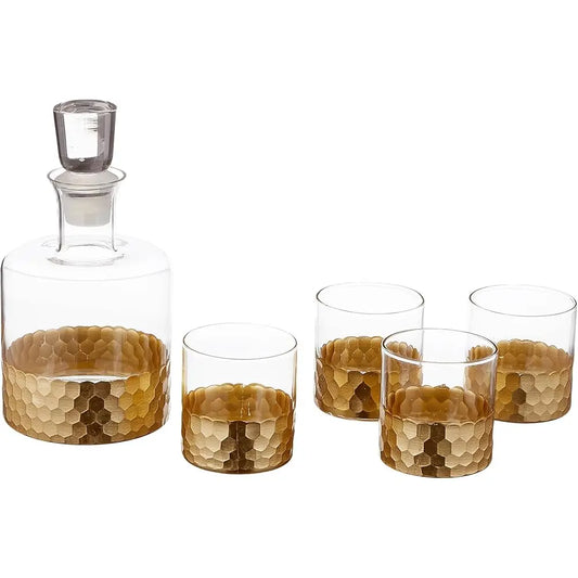 5 Piece, Daphne Gold Decorative Whiskey Decanter Set