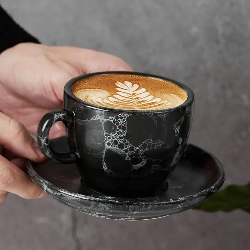 Set of 4 [8oz] Porcelain Coffee Cups with Saucers and Holder