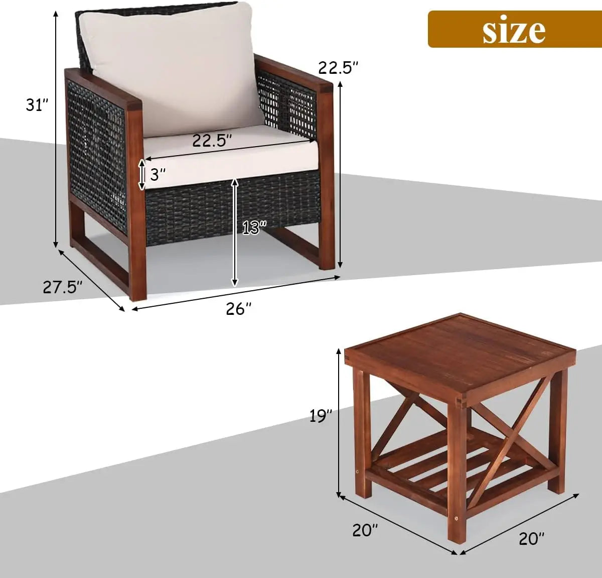 3 Piece Wicker Patio Furniture Set w/Washable Cushion & Acacia Wood Coffee Table