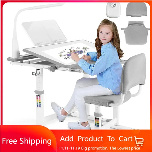 Height Adjustable Kids Study Desk and Chair Set with LED Lamp