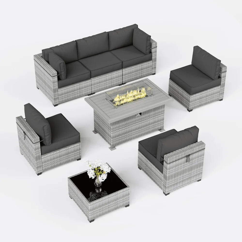 8 Piece Wicker Patio Furniture Set Includes 4 Center Sofas, 2 Corner Sofas, 1 Gas Fireplace Table, And A Tempered Glass Coffee Table