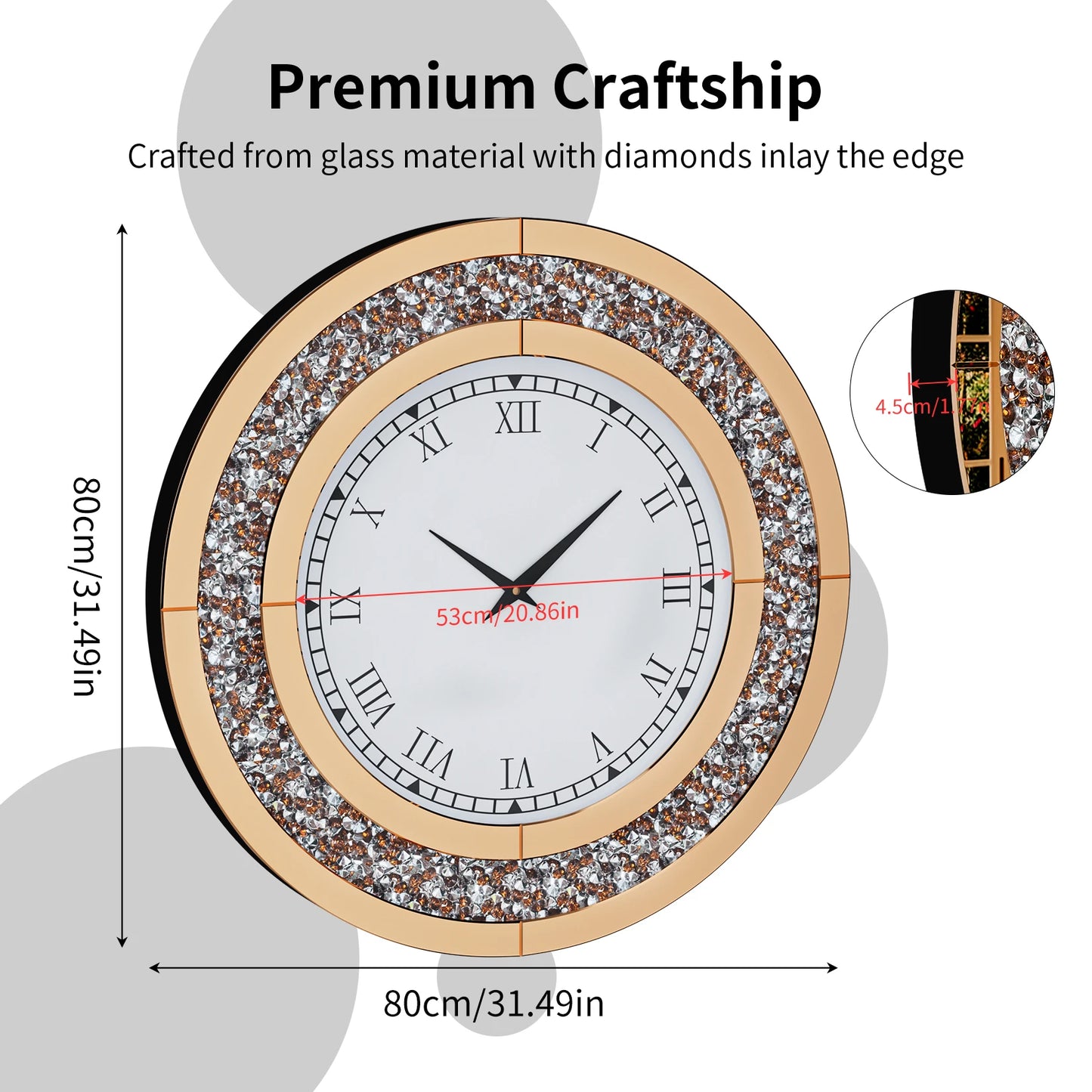 60/80CM Sparkle Bling Round Mirrored Wall Clock