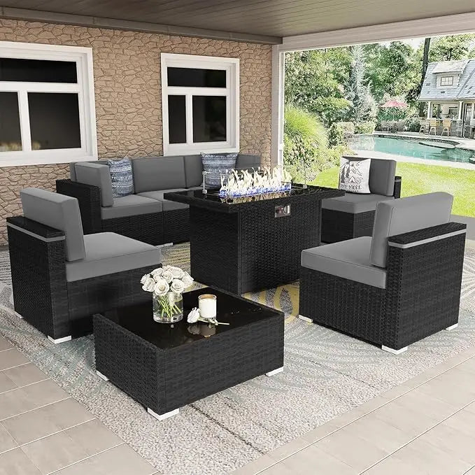 8 Piece Patio Furniture Set with 44 inch Propane Gas Fire Pit Table