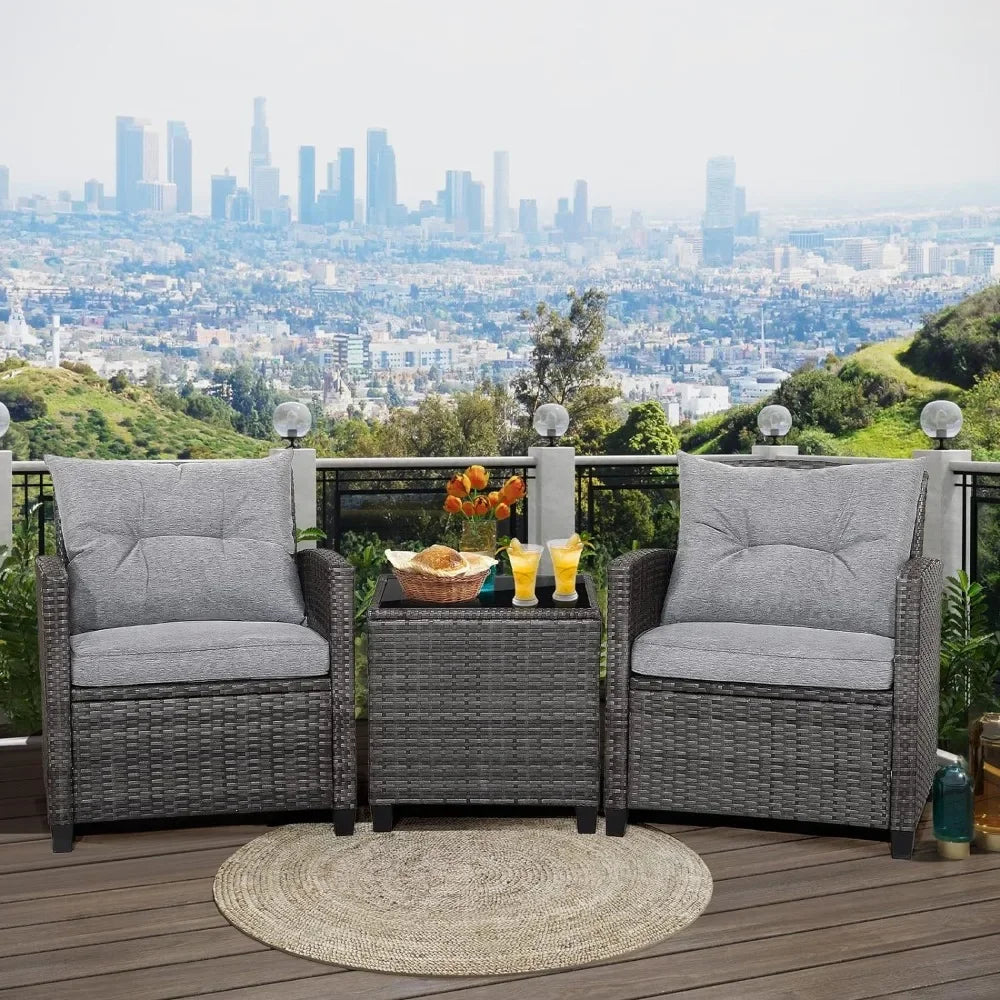 3 Piece Outdoor Rattan Sofa Set with Tempered Glass Tabletop