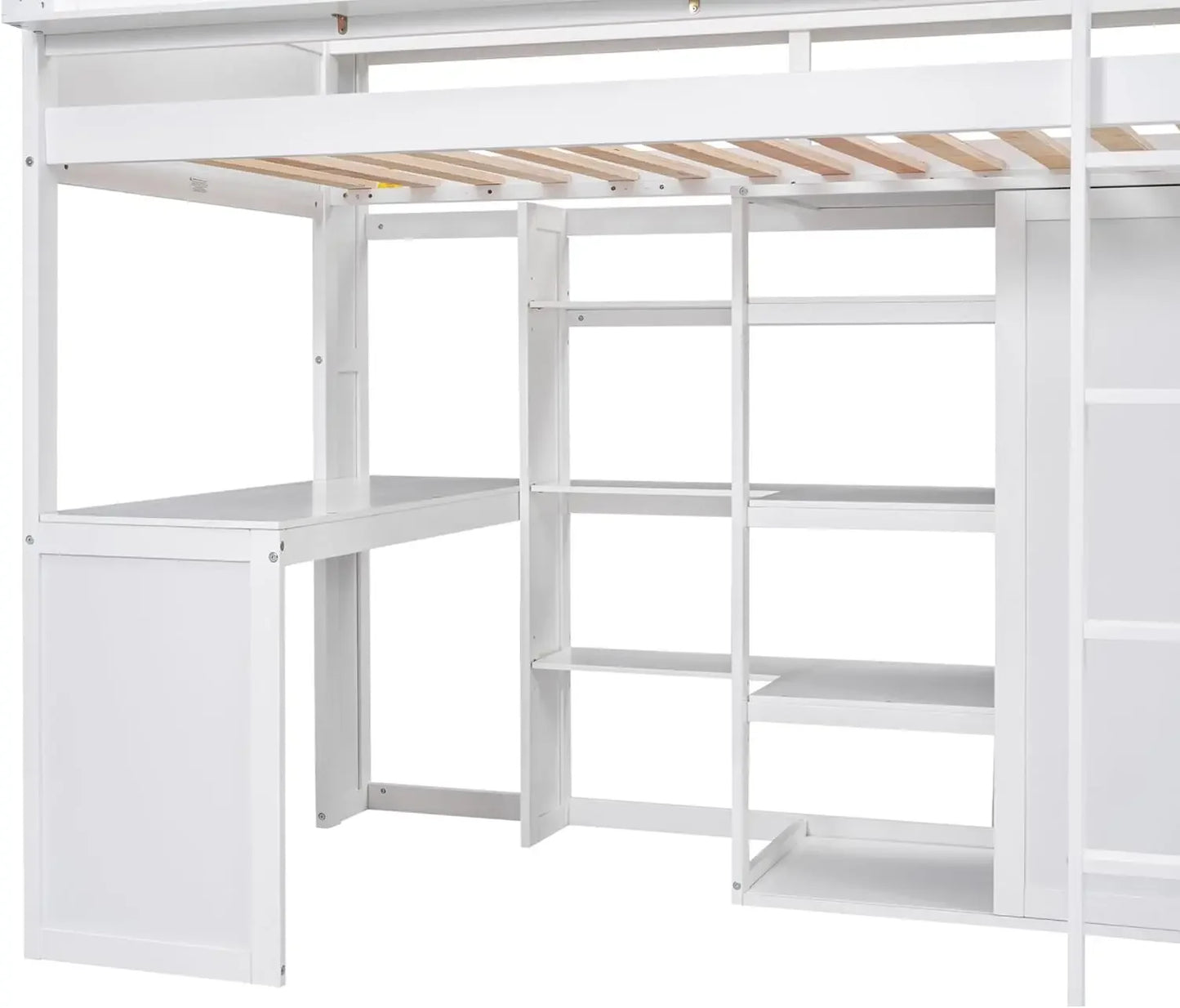 Solid Wood High Loft Bed Frame with Desk & Wardrobe