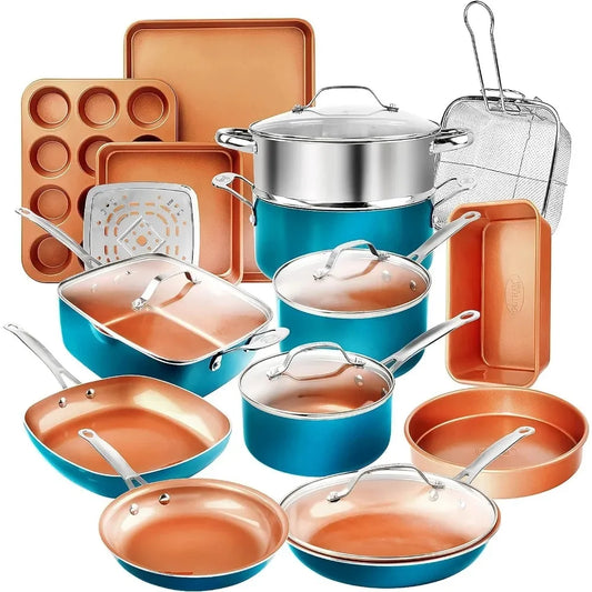 20 Piece Non Stick Ceramic Copper Flat Bottomed Cookware Set