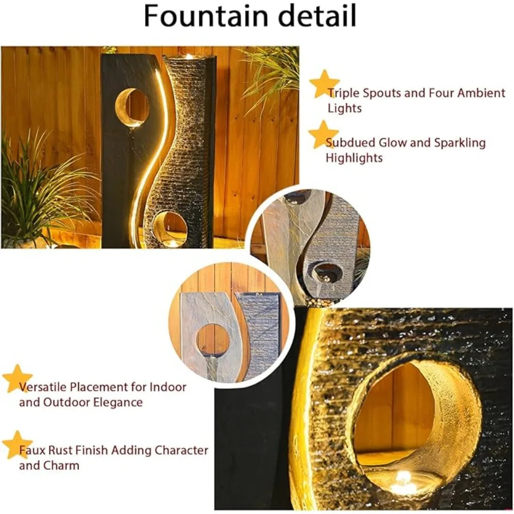 47 Inch Outdoor Fountain with LED Light Strip, Dark Gray, Imitation Rust Finish