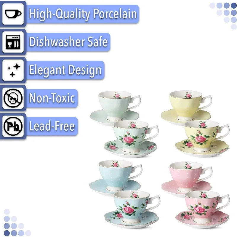 Set of 8 (8 oz), Floral Tea Cups and Saucers, Multi-Color with Gold Trim and Gift Box