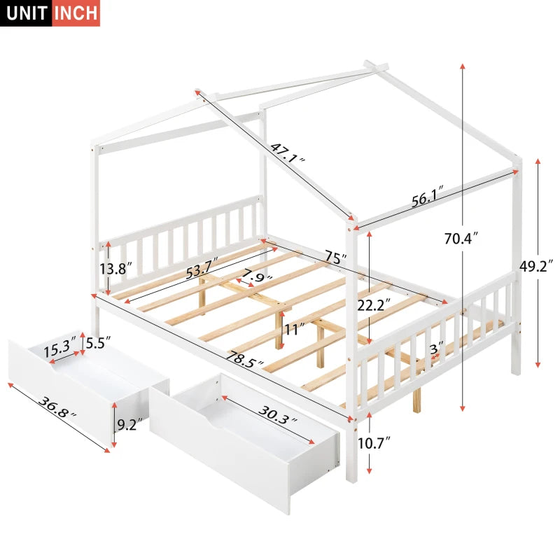 Wooden House Bed Frame for Kids with Ample Storage Options, Roof Design