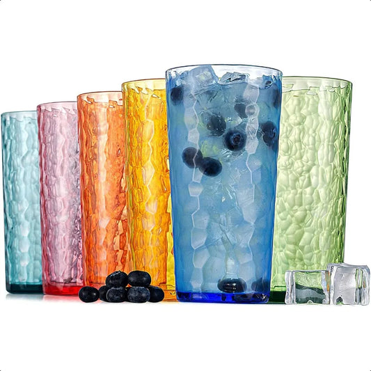Set of 6, Multicolor Hammered 24 ounce Plastic Drinking Glasses