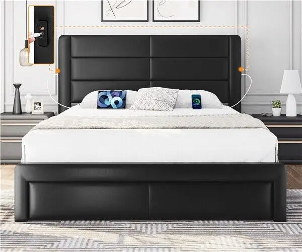 Queen/King Upholstered Bed Frame with Drawers Storage and Built-In USB Ports