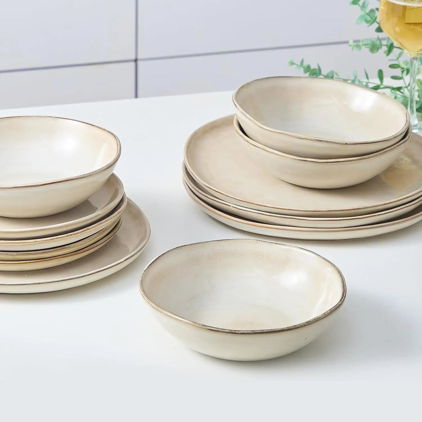 12 piece, Round Anti Shatter and Crack Resistant, Ceramic Dinnerware Set