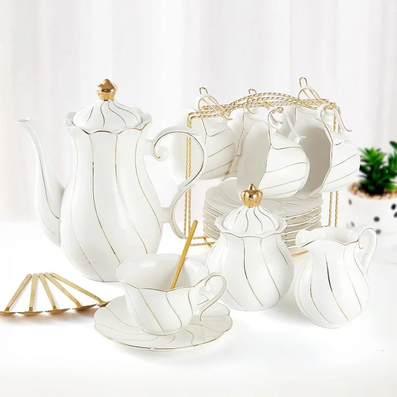 22 pcs Porcelain Tea Set for 6, Luxury British Style Tea/Coffee Cup Set with Golden Trim