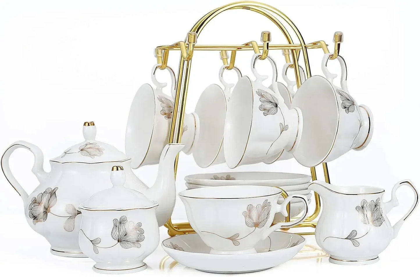 22-Piece Porcelain Ceramic Tea Set, Teapot and Cup Set, for 6