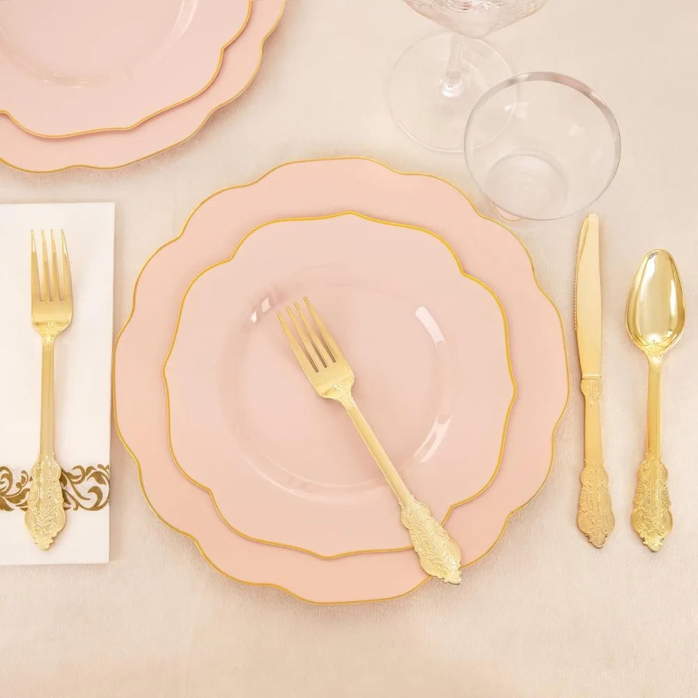 175PCS Pink Pink Plates with Gold Disposable Silverware - Include 50 Plates,25 Knives,25 Forks,25 Spoons,25 Cups and 25 Napkins