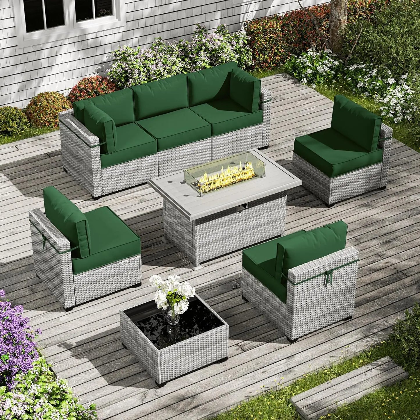 8 Piece Wicker Patio Furniture Set Includes 4 Center Sofas, 2 Corner Sofas, 1 Gas Fireplace Table, And A Tempered Glass Coffee Table