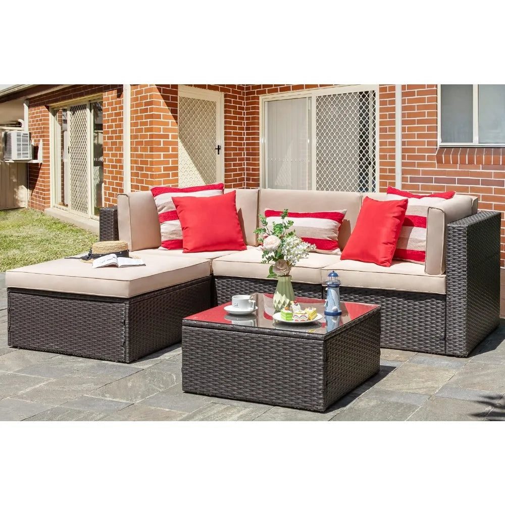 5 Piece All-Weather Brown PE Wicker Patio Furniture Set