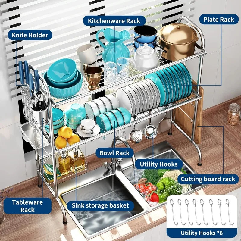 2 Tier Large Over Sink Dish Drying Rack with Utensil Holder