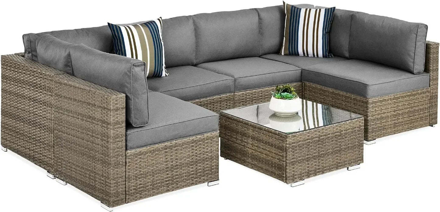 Modular Outdoor Sectional Wicker Patio Conversation Set w/ 2 Pillows, Coffee Table, Cover Included