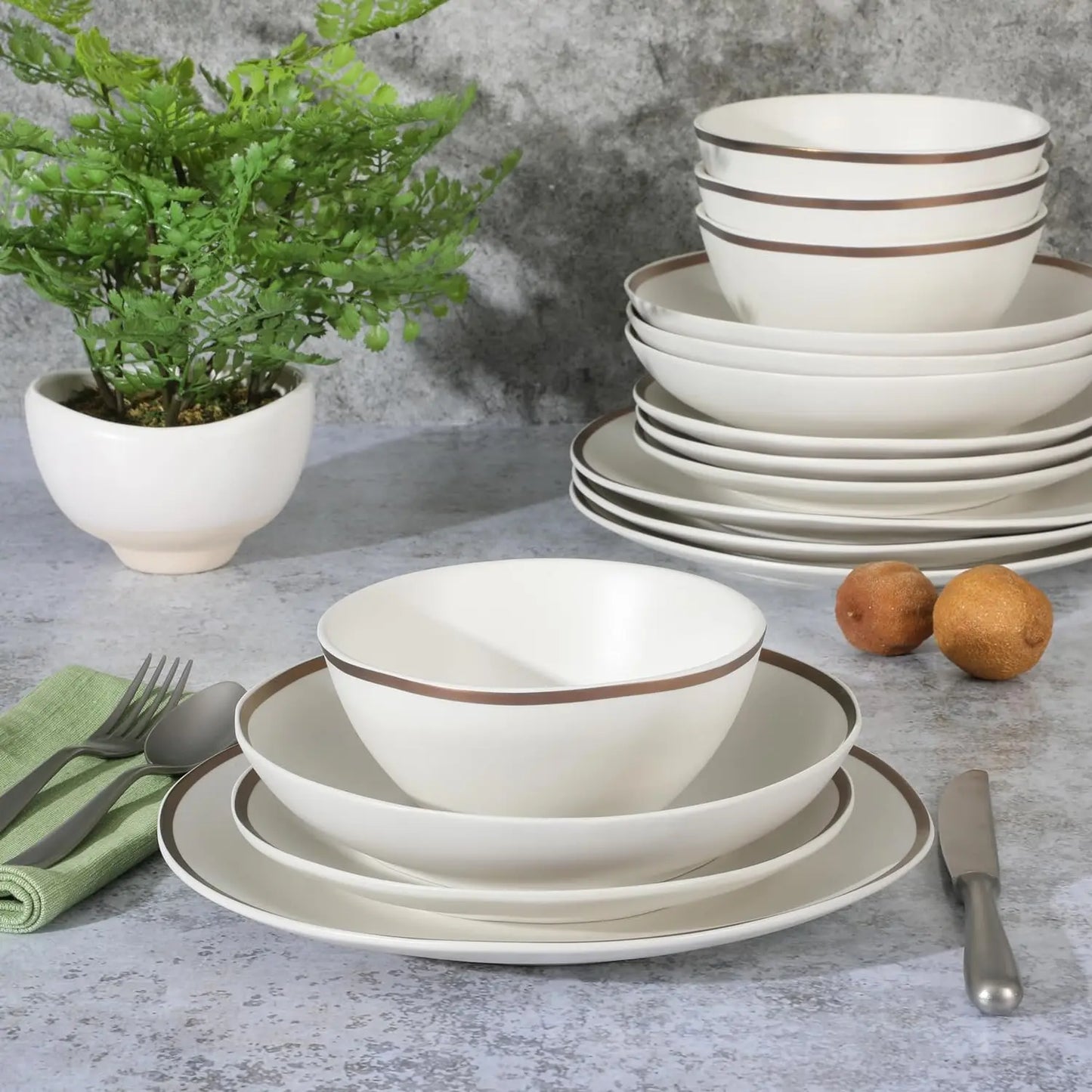 Mayfair Bay Embossed Double Bowl Dinnerware Set, Service for 4 (16pcs)