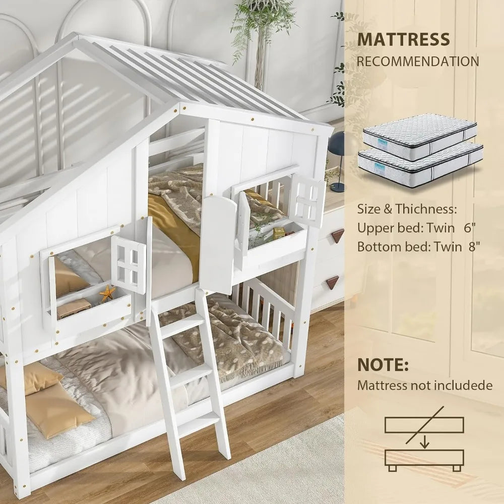 Twin Over Twin Wood Bunk Bed for Kids with Door, Windows