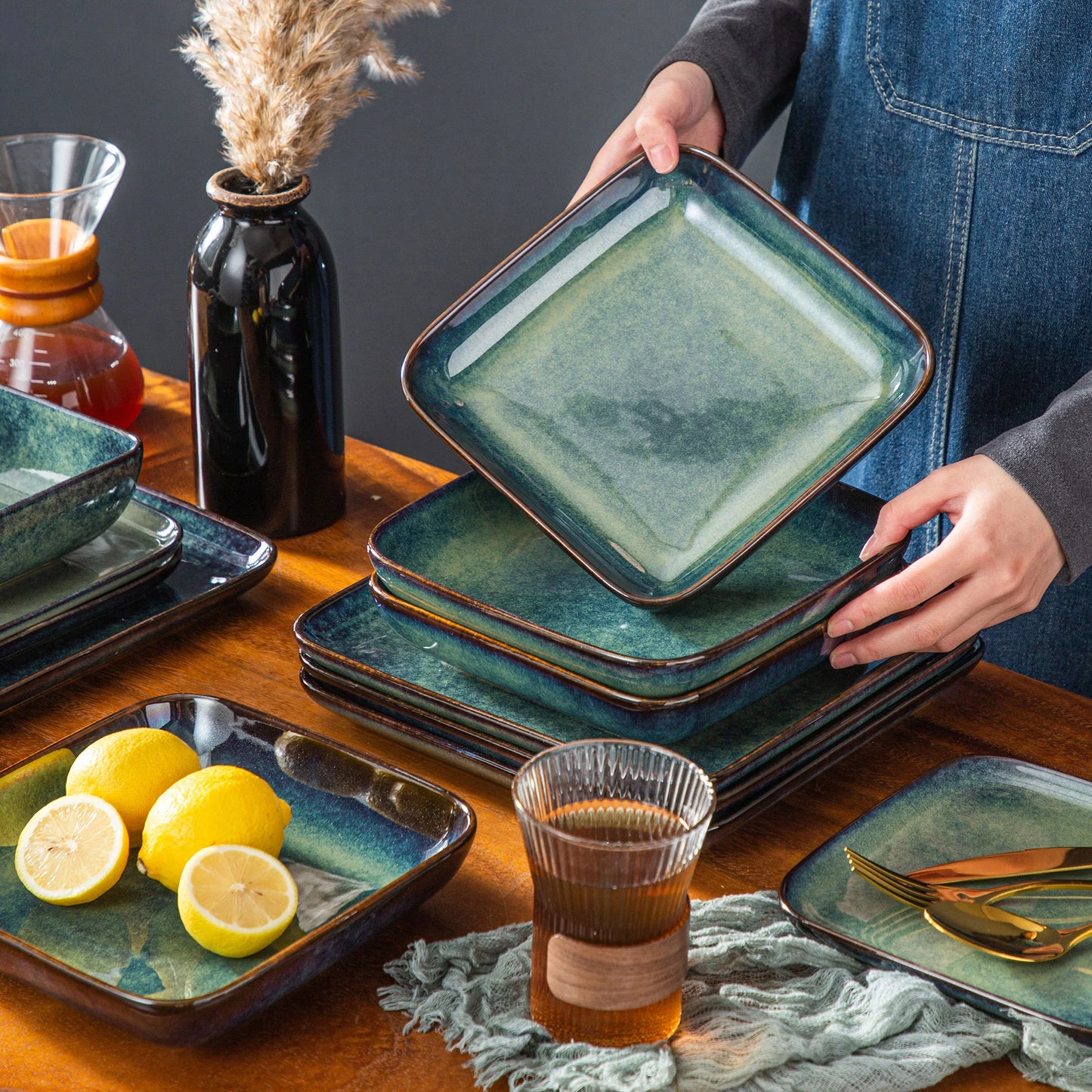 Ceramic 16 Piece Square Kiln Change Glaze Dinnerware Set