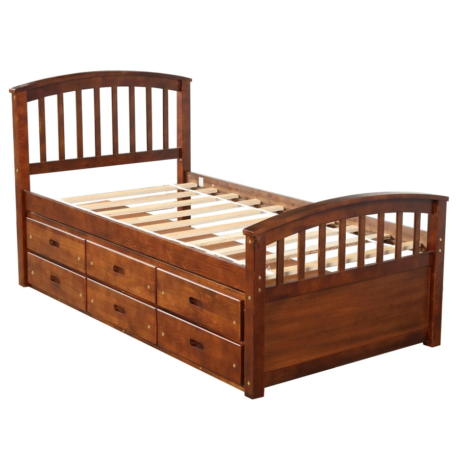 Solid Wood Twin Size Platform Storage Bed with 6 Drawers