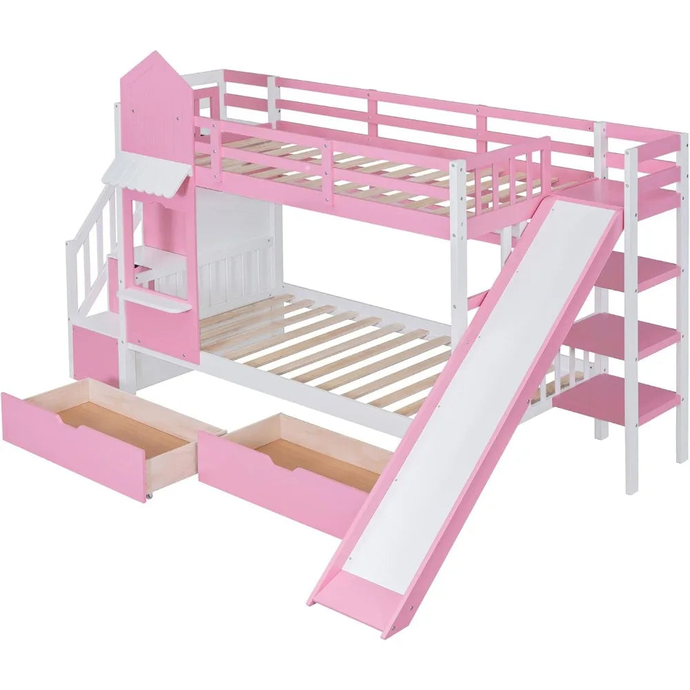 Twin Over Twin Bunk Bed with Slide, Staircase Storage and Drawers