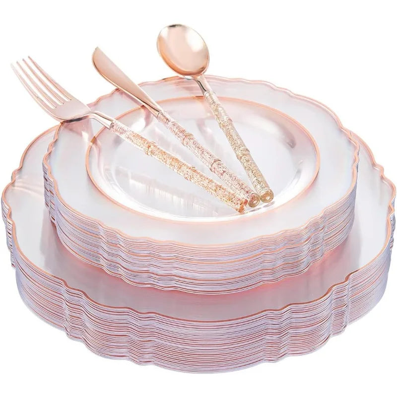 150PCS Clear-Gold Plastic Plates - Gold Plastic Silverware with Glitter Handle - 30 Guests