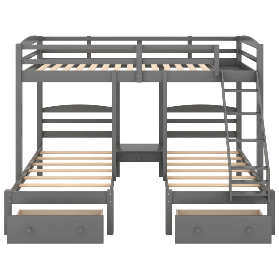 Wood Full over Twin & Twin Bunk Bed,Triple Bunk Bed with Drawers